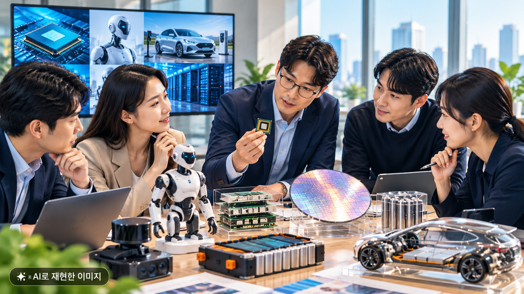 CVC란 무엇인가, 대기업이 AI 반도체 로봇 배터리 스타트업의 미래 기술을 검토하는 모습