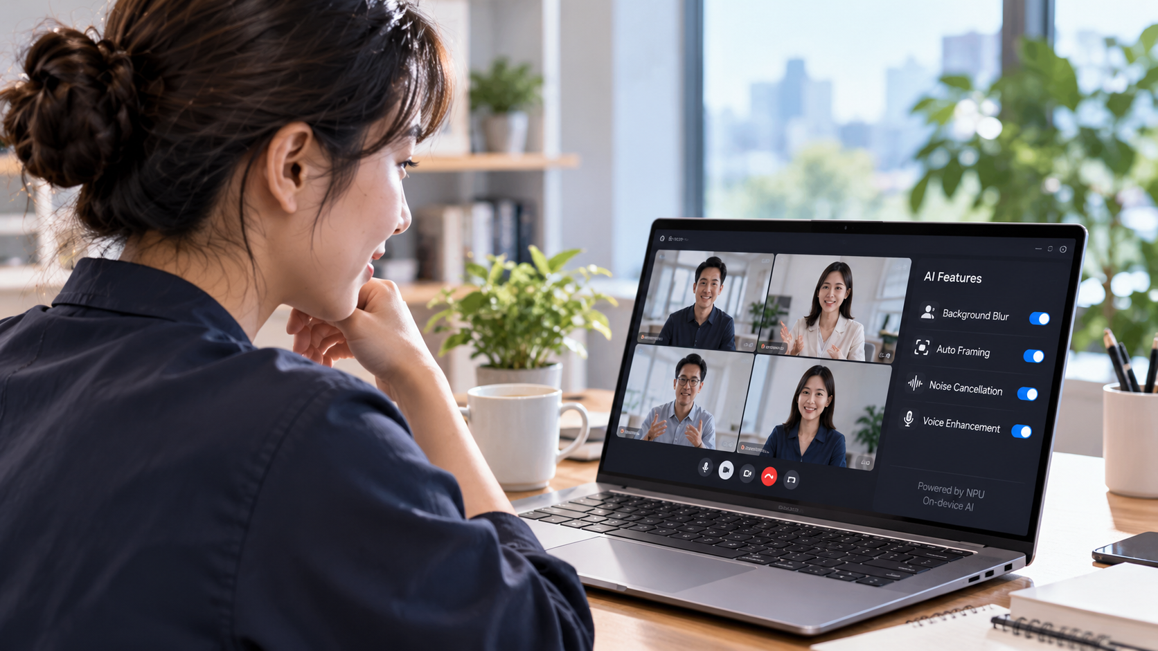 NPU가 AI PC에서 화상회의 기능을 처리하는 모습을 AI로 재현한 장면