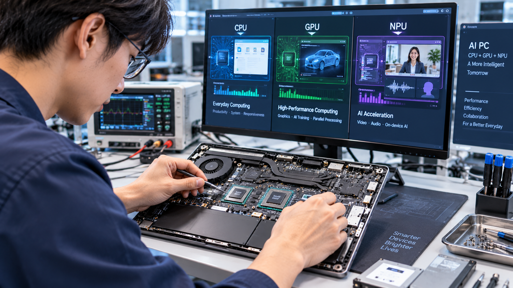 AI PC에서 CPU·GPU·NPU가 역할을 나누는 모습을 AI로 재현한 이미지