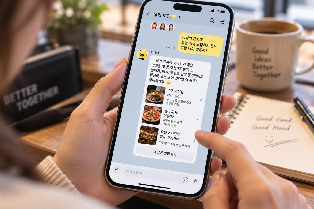 카나나 인 카카오 단톡방에서 AI가 강남역 주변 맛집을 추천하는 잠연을 생성형 AI 이미지로 재현한 모습