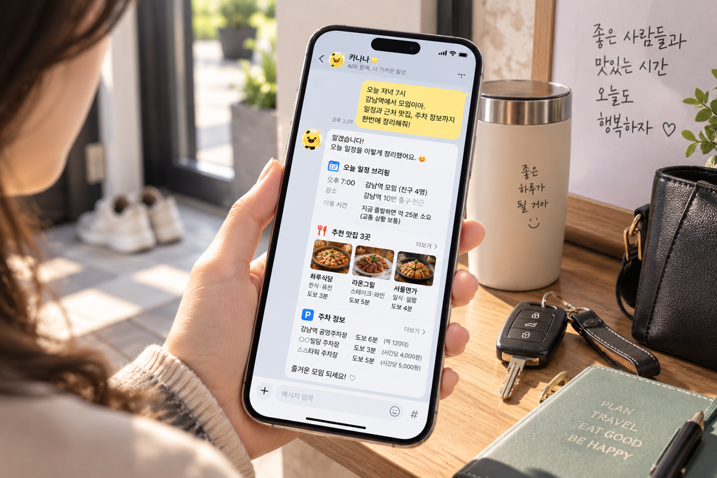 카나나 인 카카오가 일정 브리핑을 통해 맛집과 주차 정보를 안내하는 생성형 AI 이미지