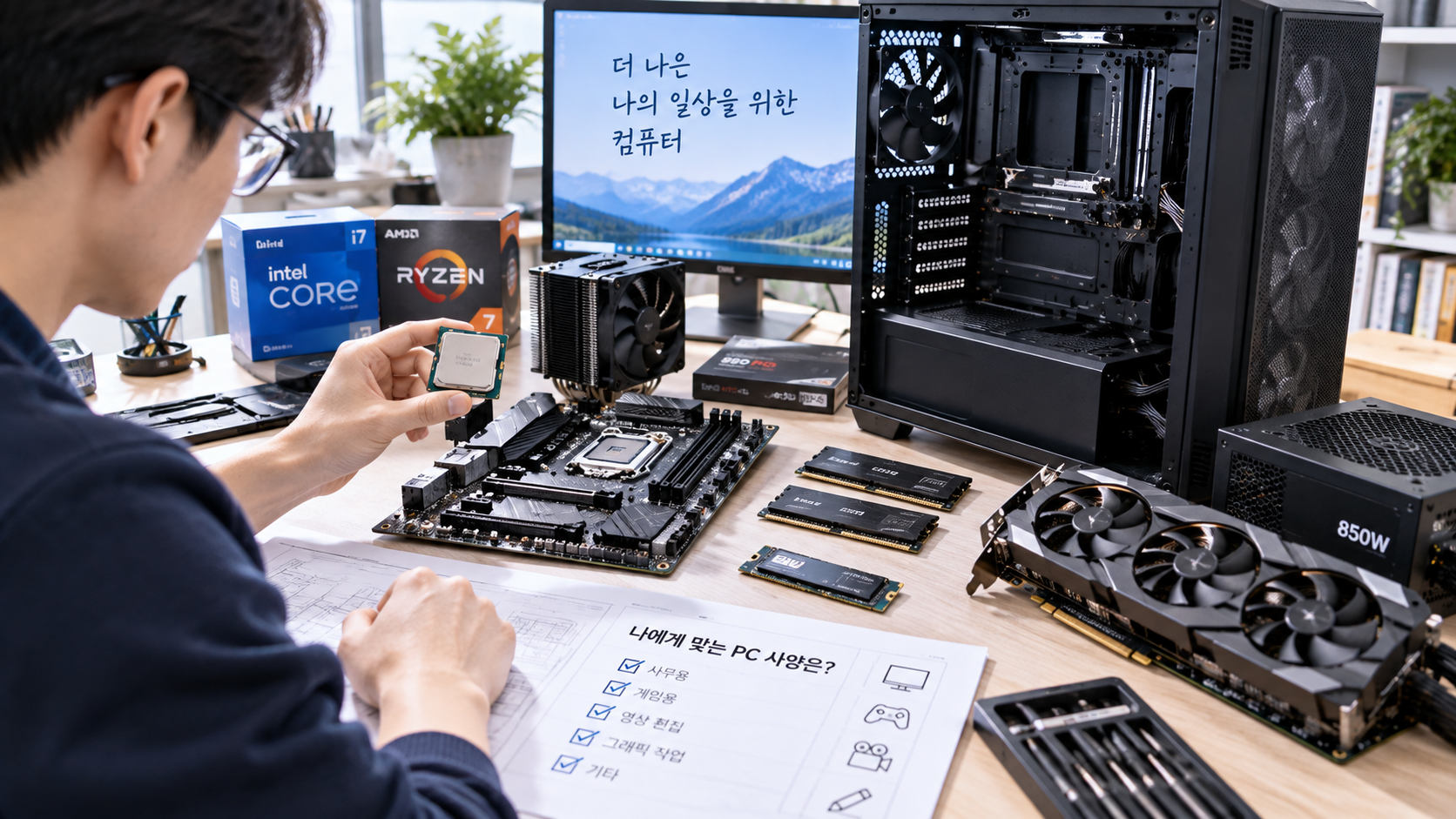 CPU와 RAM 등 조립 부품을 선택하는 모습을 생성형 AI로 재현한 장면